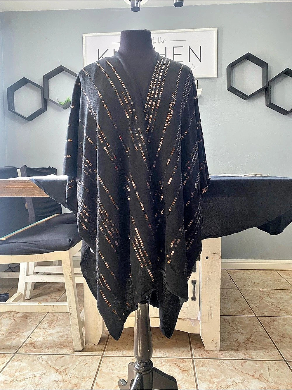 Chico's Sequin Striped Sweater Poncho Tunic in Black & Gold XL35